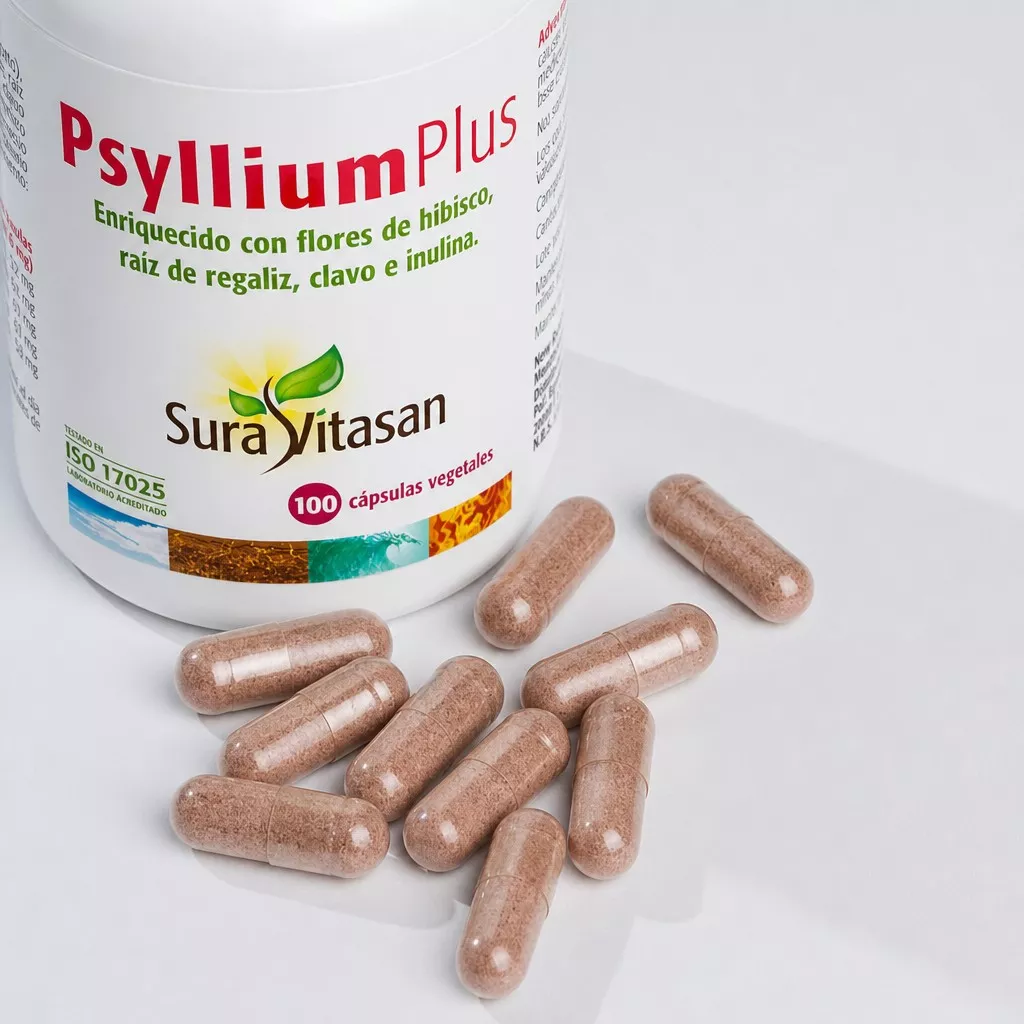 Envase de Psyllium Plus Cápsulas fibra de Plantago Ovata Sura Vitasan