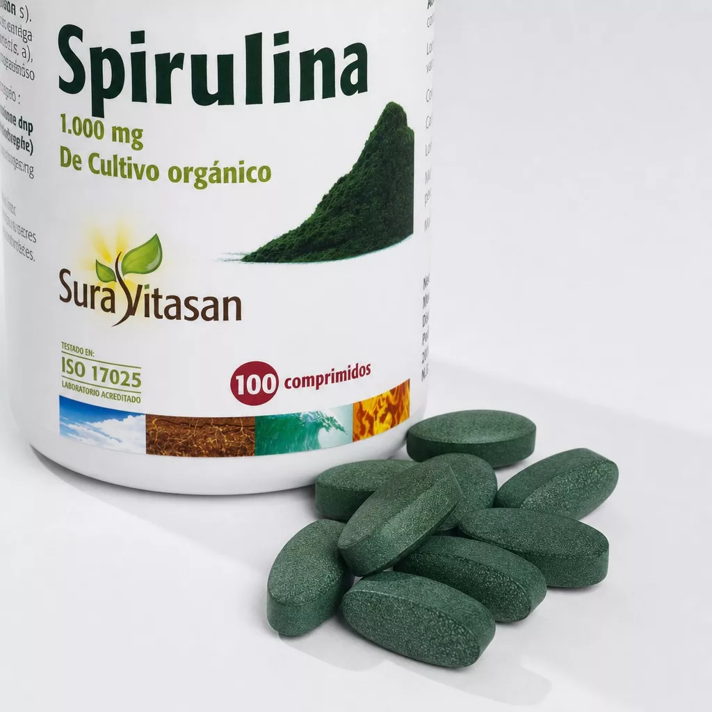 Envase de spirulina 1000 mg alga rica en proteínas Sura Vitasan