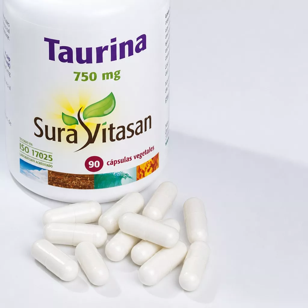 Envase + capsulas de Taurina 500 mg aminoácido en forma libre SuraVitasan