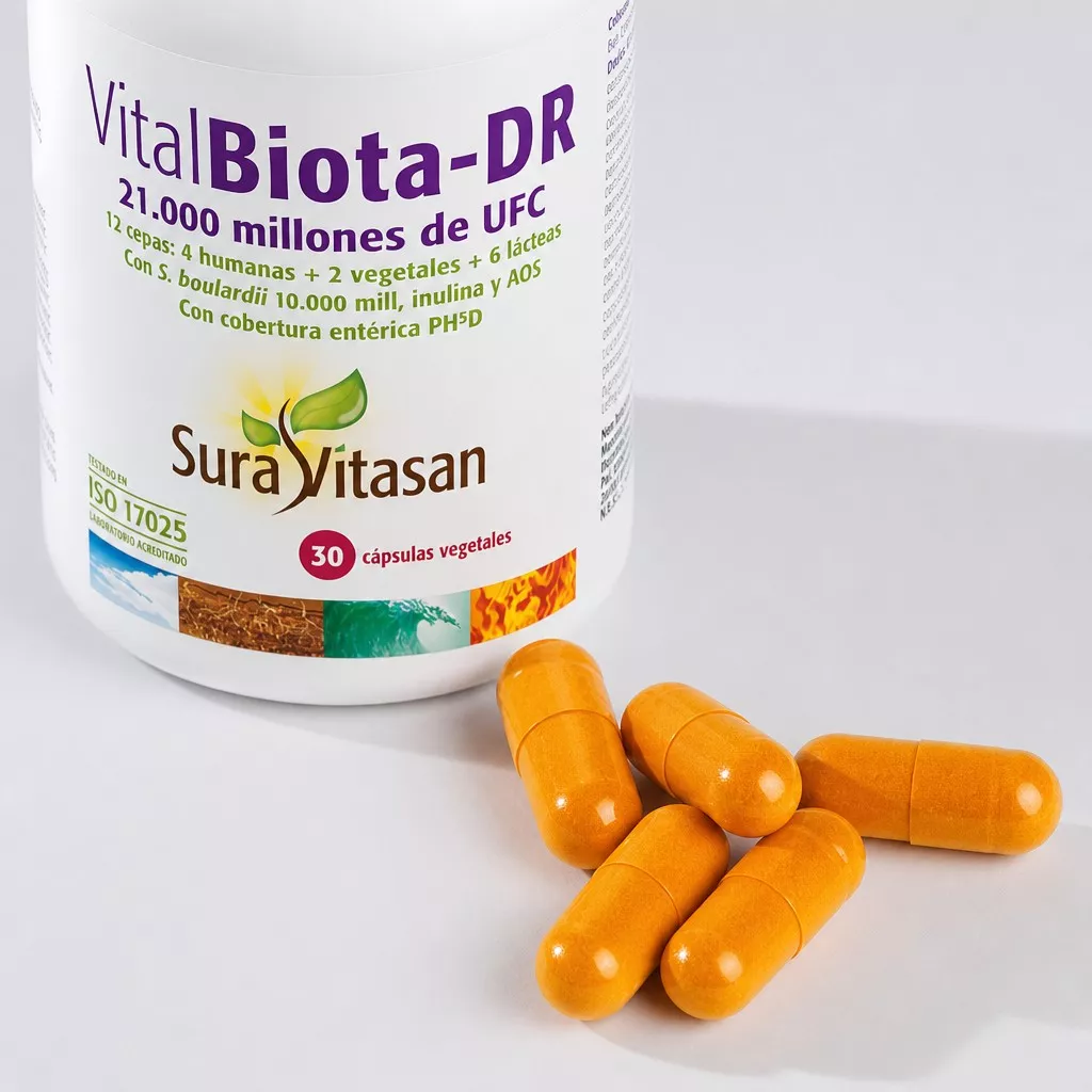 Envase de Vital Biota-DR probiótico 21,000 millones UFC Sura Vitasan