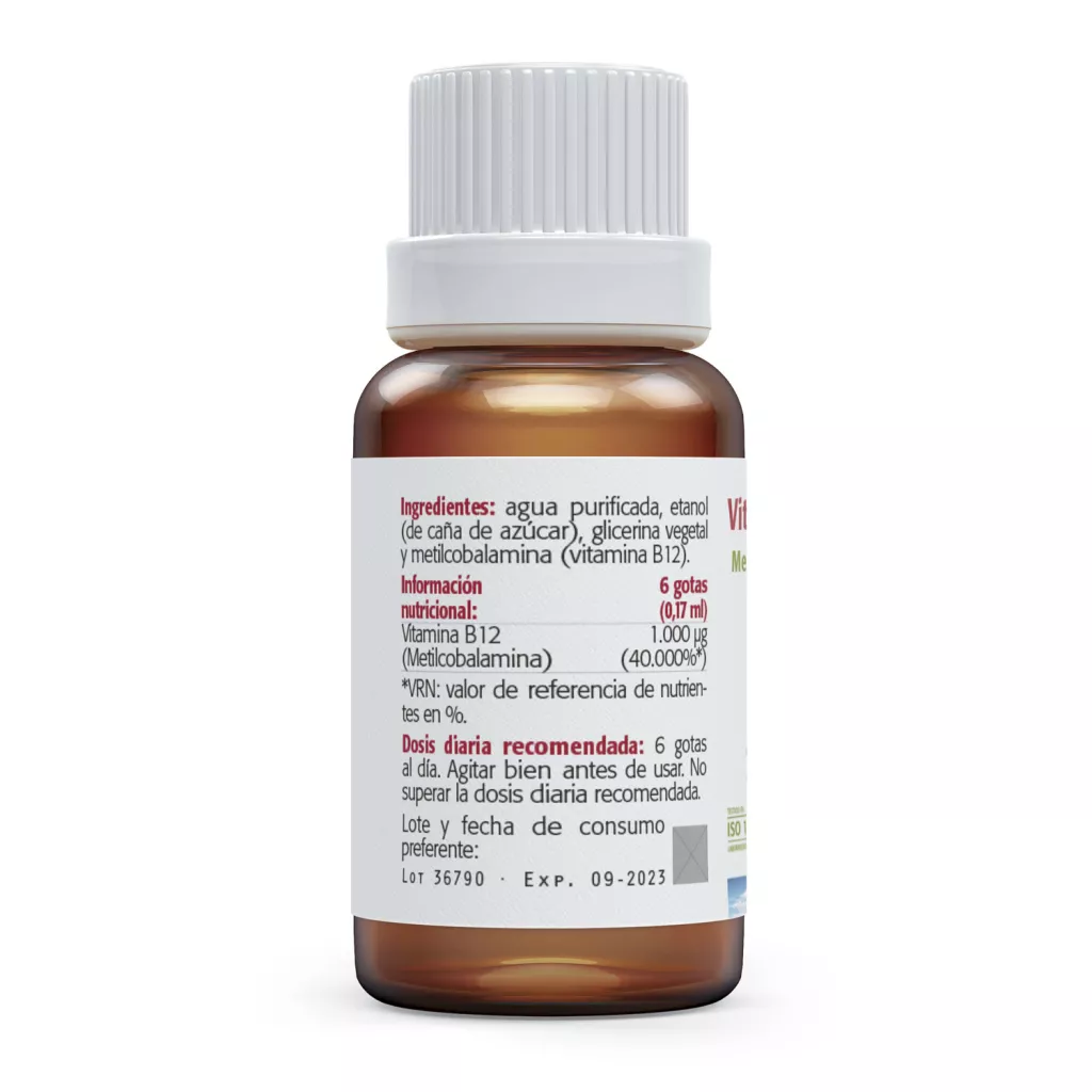 Envase de Vitamina B12 líquida 1000 microgramos metilcobalamina Sura Vitasan